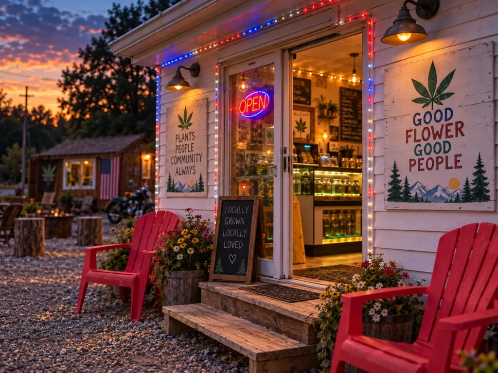 The MuMu’s shop front at dusk with the neon OPEN sign lit and red chairs outside