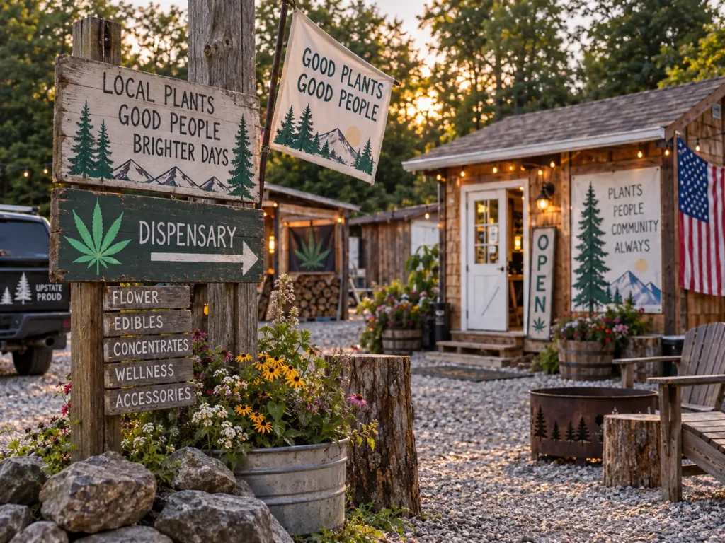 Hand-painted roadside signs pointing to the MuMu’s dispensary cabin in Irving