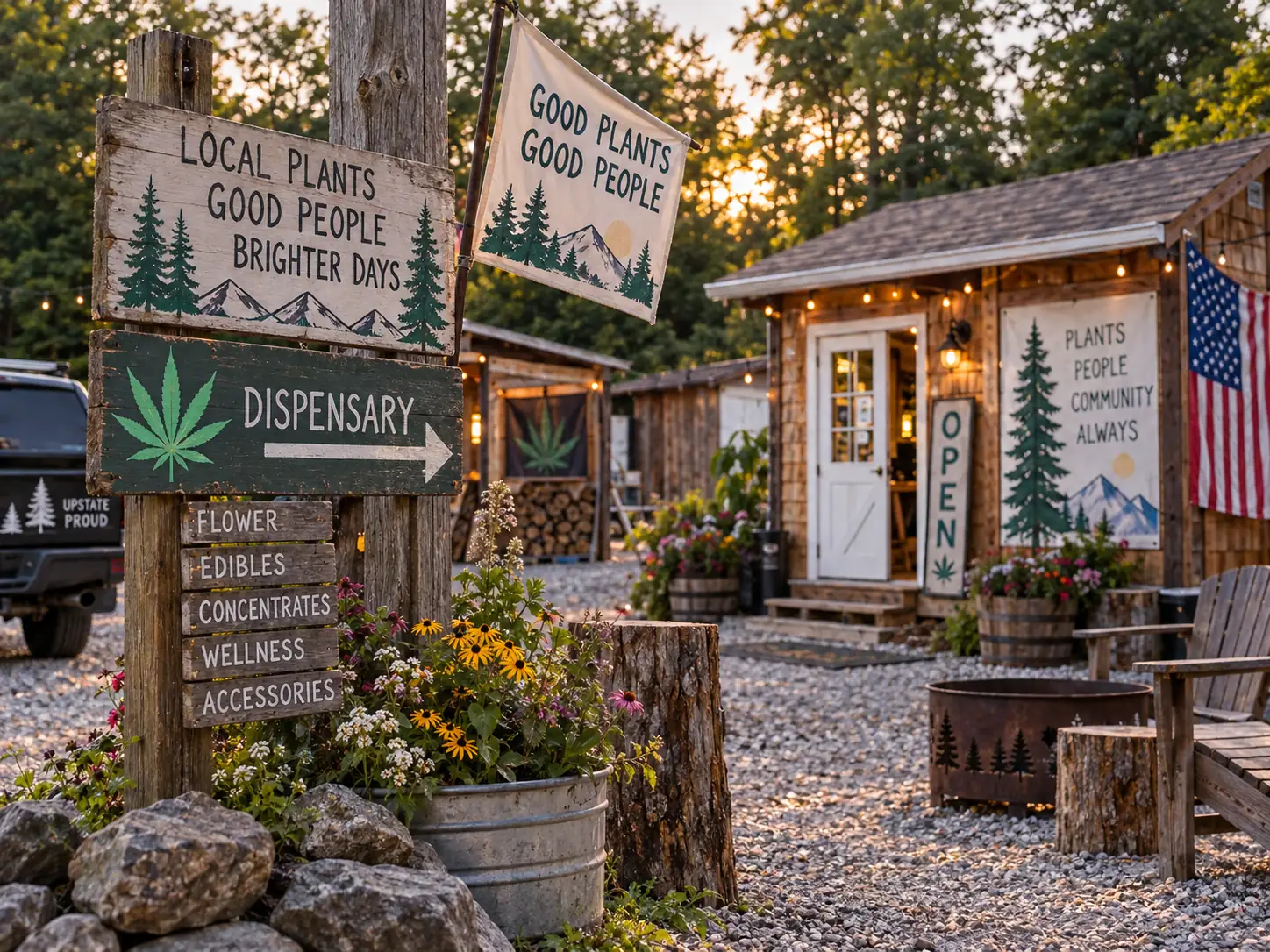 Hand-painted roadside signs pointing to the MuMu’s dispensary cabin in Irving