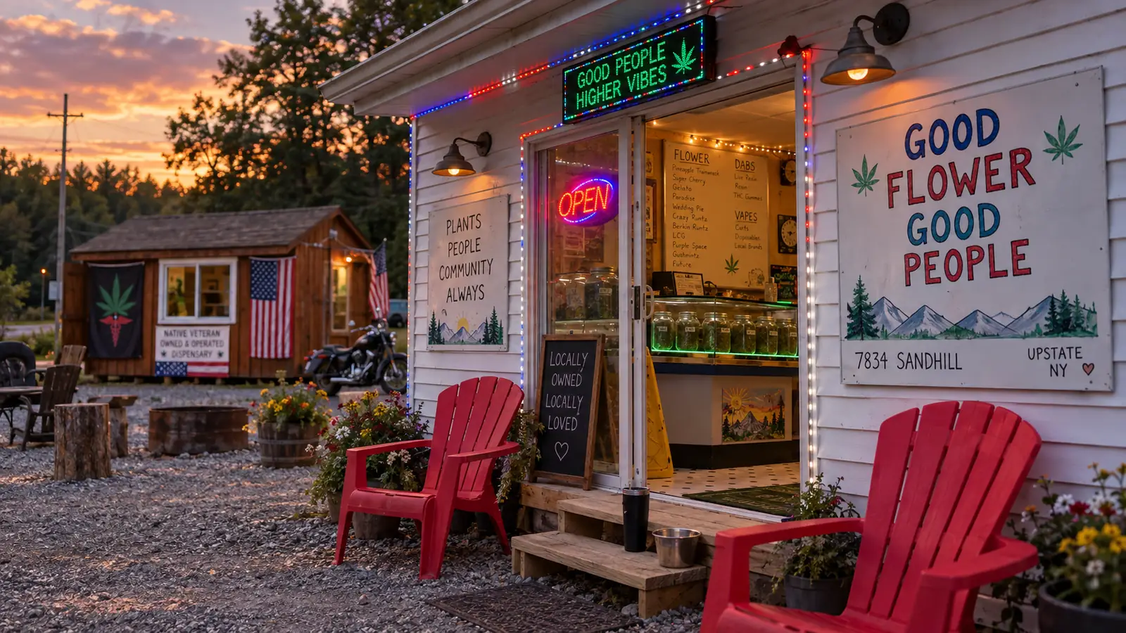 The MuMu’s shop at sunset with string lights along the roofline