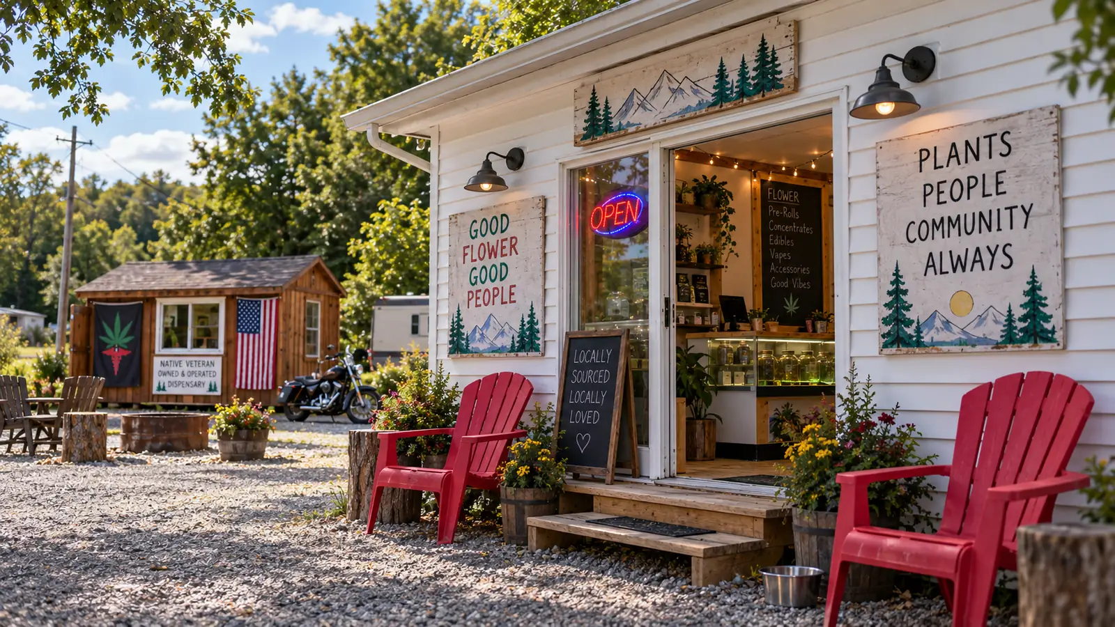 The MuMu’s shop on a summer afternoon, hand-painted signs either side of the open door