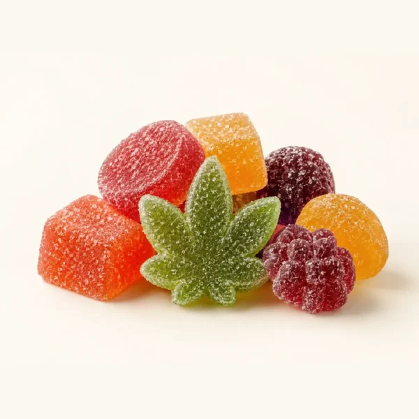 Fruit gummies with a cannabis leaf